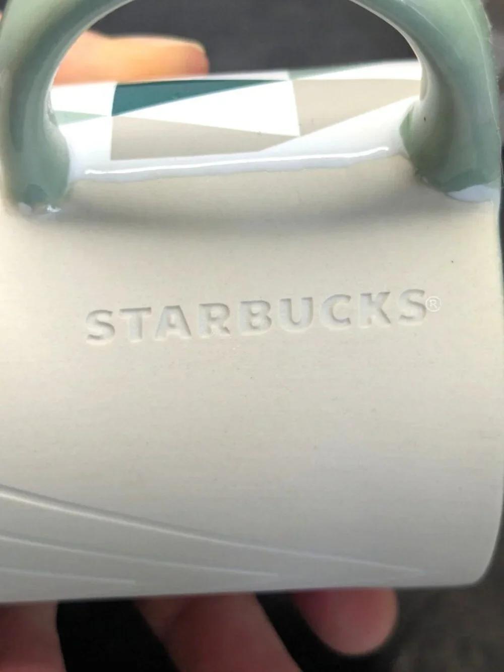 Starbucks Ceramic Mugs Set Of 2 With Green Interior & Geometric Triangle Pattern